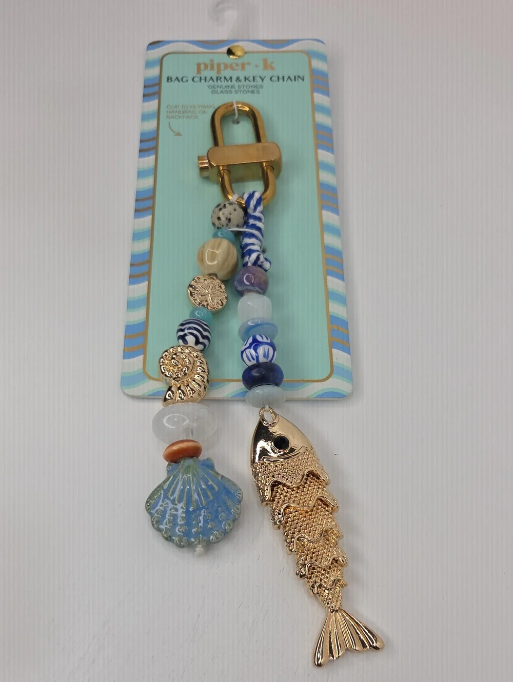 ✨️▪️piper K ▪️ Blue & Gold Beaded Fish and Shell Key Chain Charm